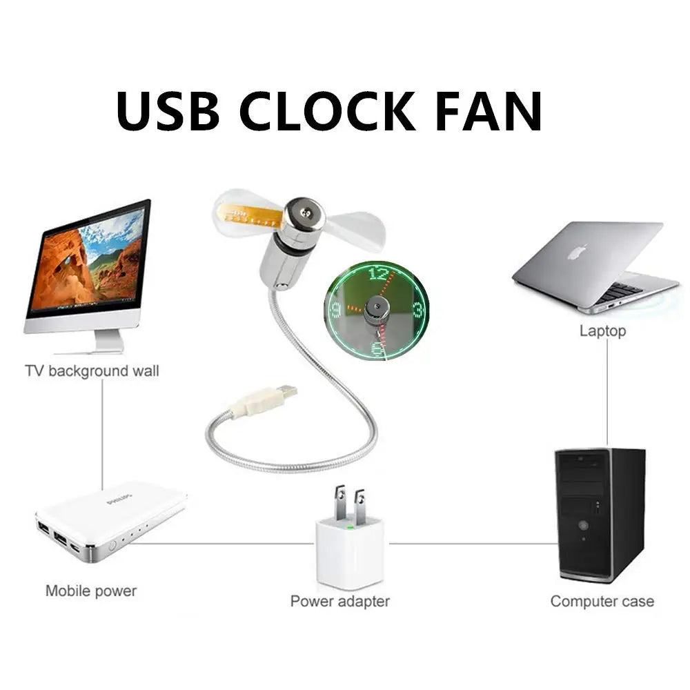 USB Clock Fan with LED Time & Temperature Display | Cool Night Light Gadget for Laptop & PC