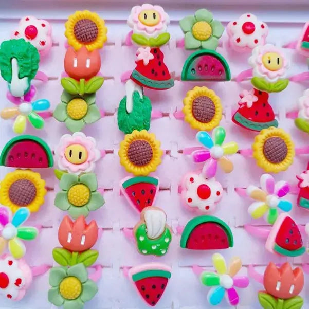 10pcs Children's Cartoon Rings Candy Fruit Flower Animal Mix Multicolor Finger Jewelry Rings Kids Girls Gift Shopbizz Wholesale