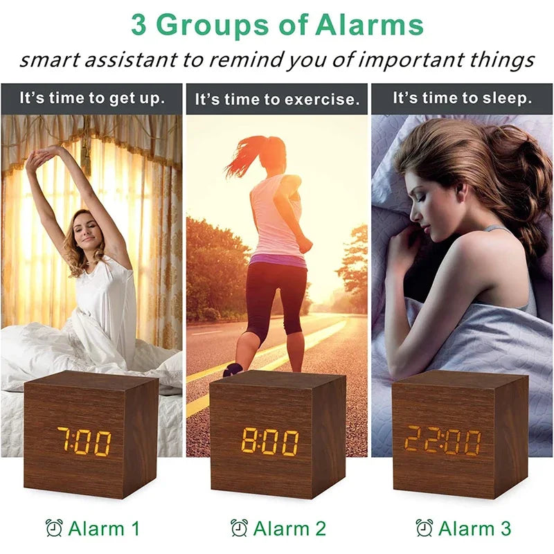 Wooden Digital Alarm Clock – Modern LED Bedside Clock with Temperature & Sound Control