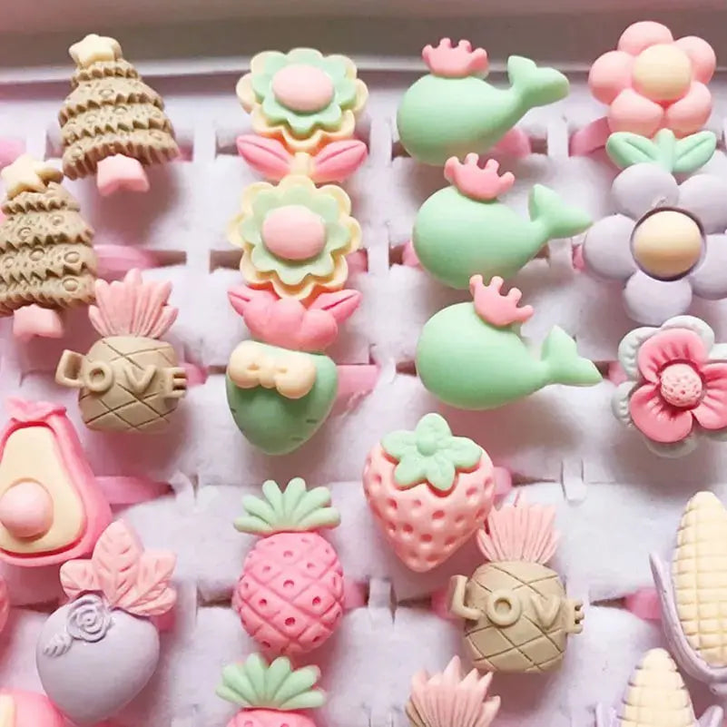 10pcs Children's Cartoon Rings Candy Fruit Flower Animal Mix Multicolor Finger Jewelry Rings Kids Girls Gift Shopbizz Wholesale