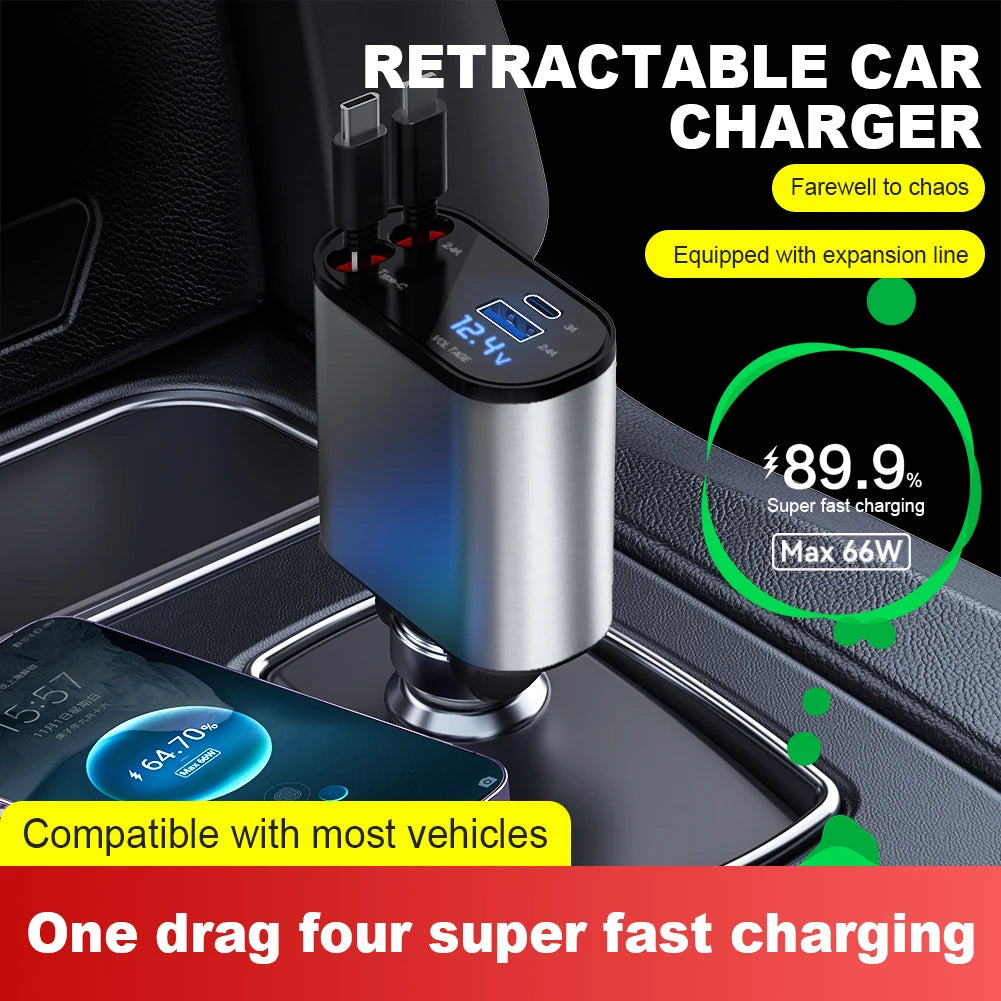 100W 4 in 1 Car Charger USB Type C Charger Socket for Apple for Samsung Car Cigarette Lighter Adapter Fast Charge PD QC3.0