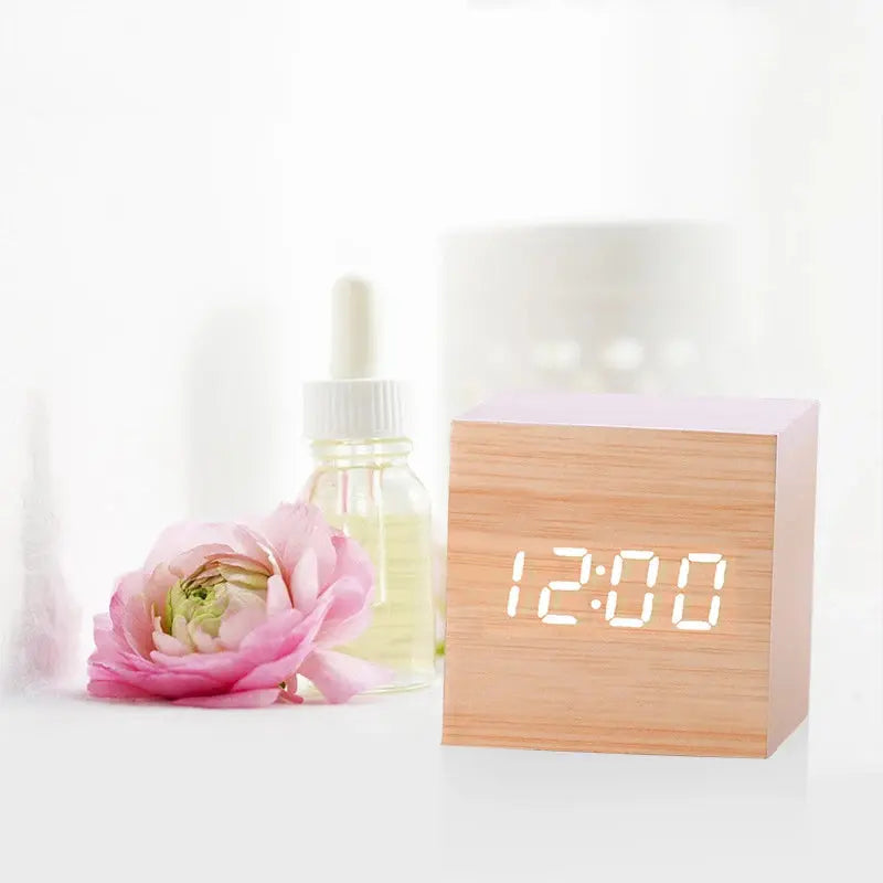 Wooden Digital Alarm Clock – Modern LED Bedside Clock with Temperature & Sound Control Shopbizz Wholesale