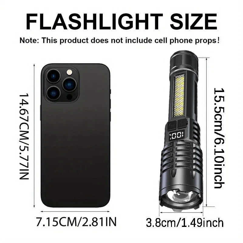 High Power Rechargeable LED Flashlight – Ultra Bright, Waterproof, with Side Light & Zoom