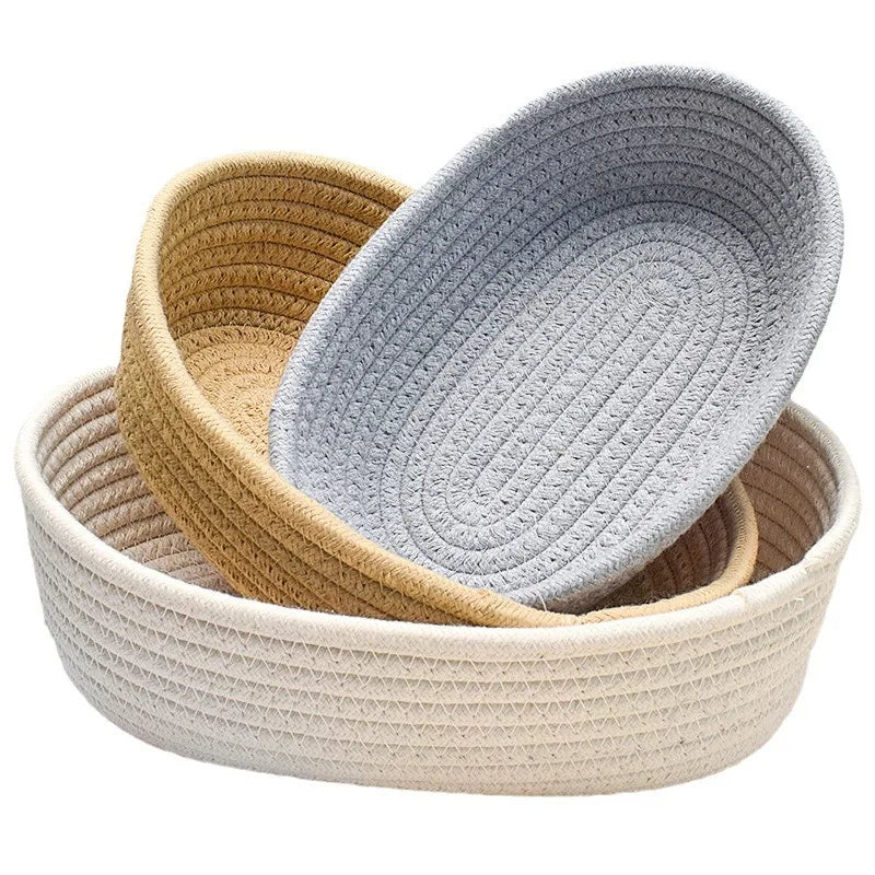 Set of 3pcs- Handwoven Cotton Cord Storage Basket – Oval Tabletop Organizer for Cosmetics, Snacks & Sundries ($9.33/count)