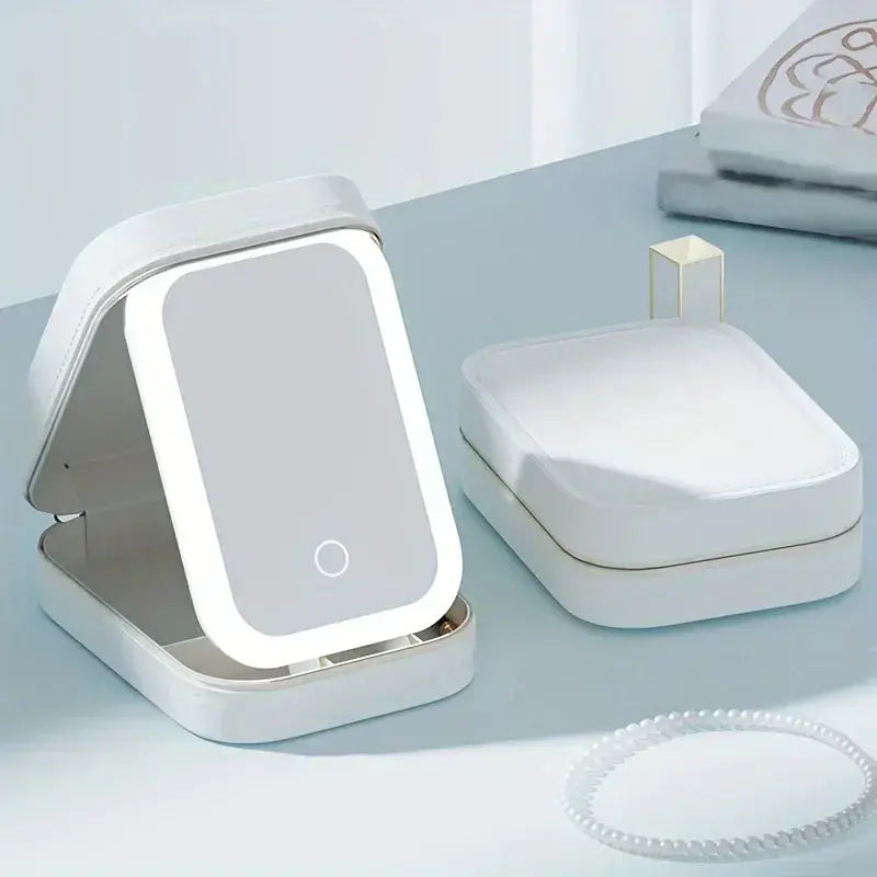 1pc Portable LED Makeup Mirror with Storage - USB Rechargeable, Perfect for Travel and Home Use Shopbizz Wholesale
