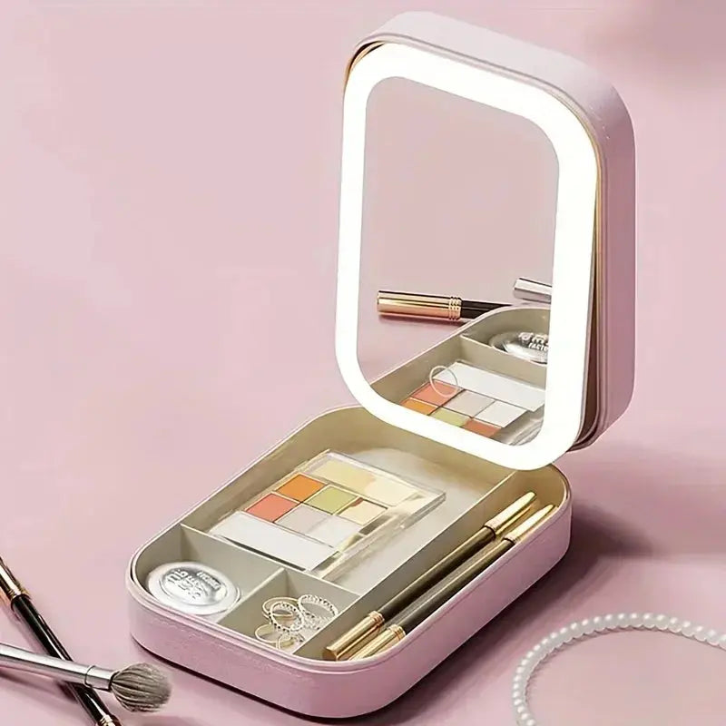 1pc Portable LED Makeup Mirror with Storage - USB Rechargeable, Perfect for Travel and Home Use Shopbizz Wholesale