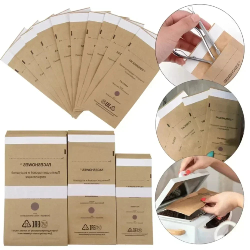 100Pcs Manicure Kraft Bags Nail Art Sterilizer Nails Clean Sterilization Bag Disposable Manicure Supplies UV Disinfection Tools