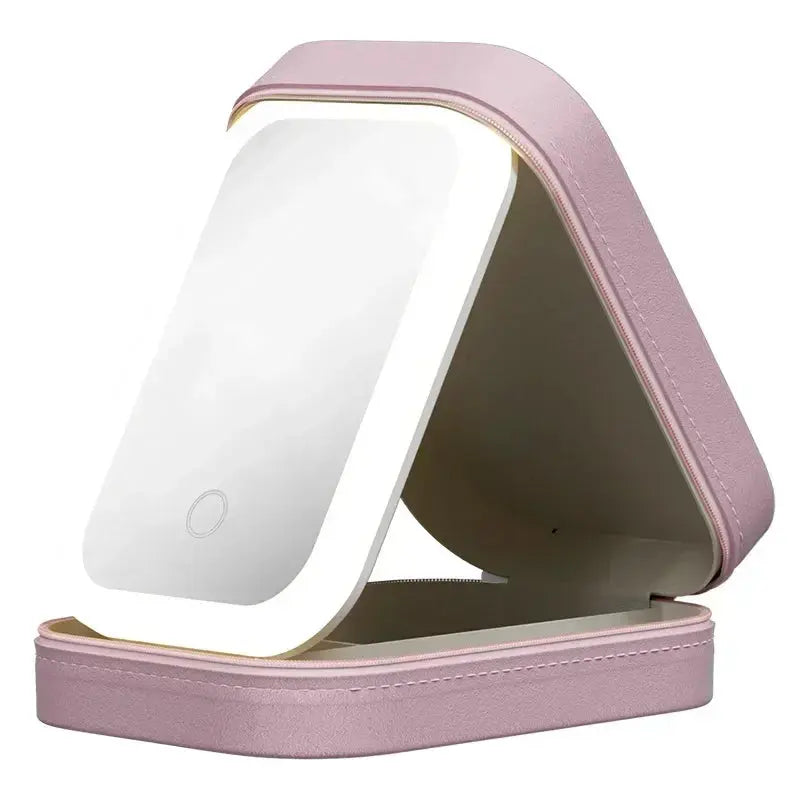 1pc Portable LED Makeup Mirror with Storage - USB Rechargeable, Perfect for Travel and Home Use Shopbizz Wholesale