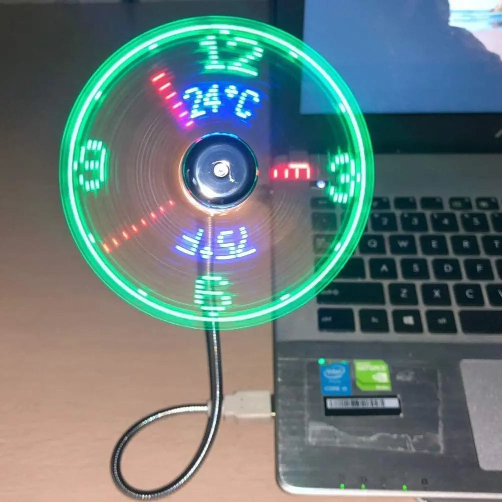 USB Clock Fan with LED Time & Temperature Display | Cool Night Light Gadget for Laptop & PC