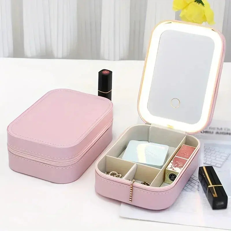 1pc Portable LED Makeup Mirror with Storage - USB Rechargeable, Perfect for Travel and Home Use Shopbizz Wholesale