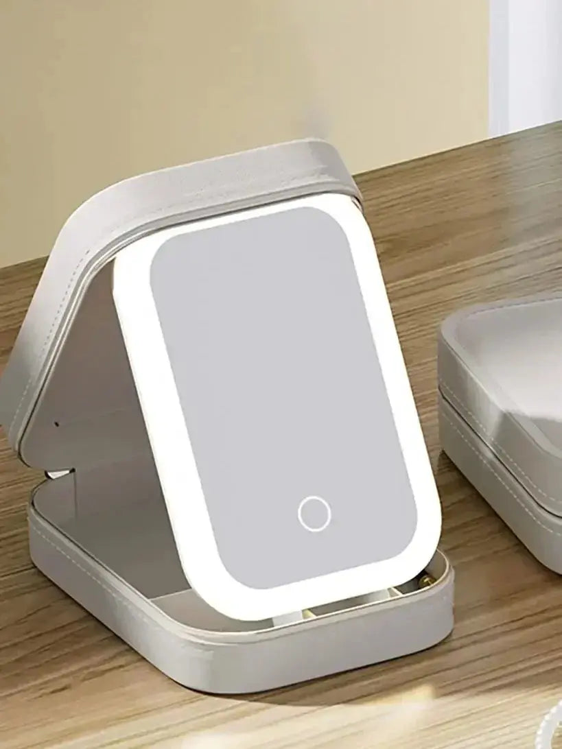 1pc Portable LED Makeup Mirror with Storage - USB Rechargeable, Perfect for Travel and Home Use Shopbizz Wholesale