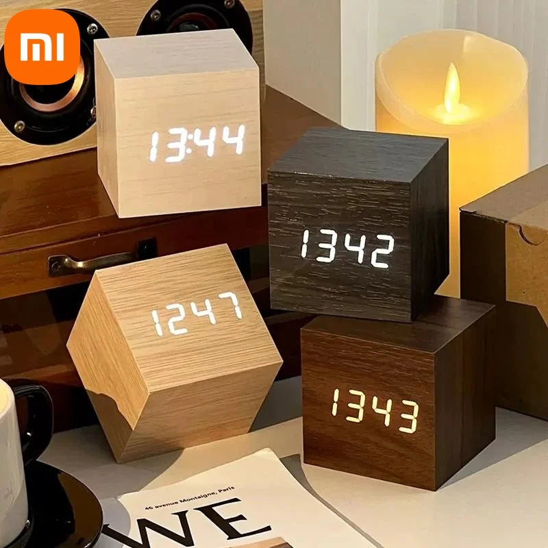 Wooden Digital Alarm Clock – Modern LED Bedside Clock with Temperature & Sound Control