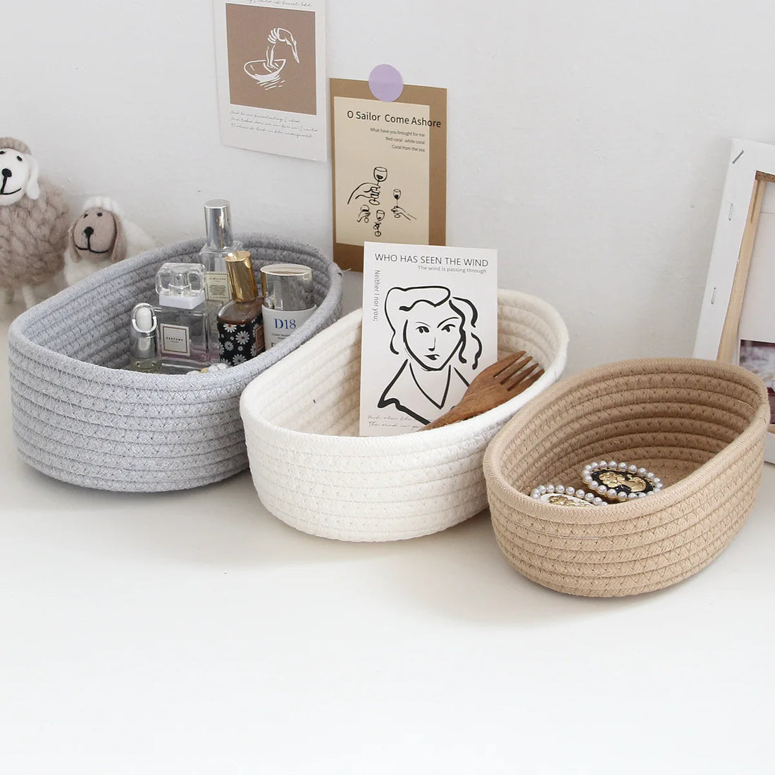 Set of 3pcs- Handwoven Cotton Cord Storage Basket – Oval Tabletop Organizer for Cosmetics, Snacks & Sundries ($9.33/count)