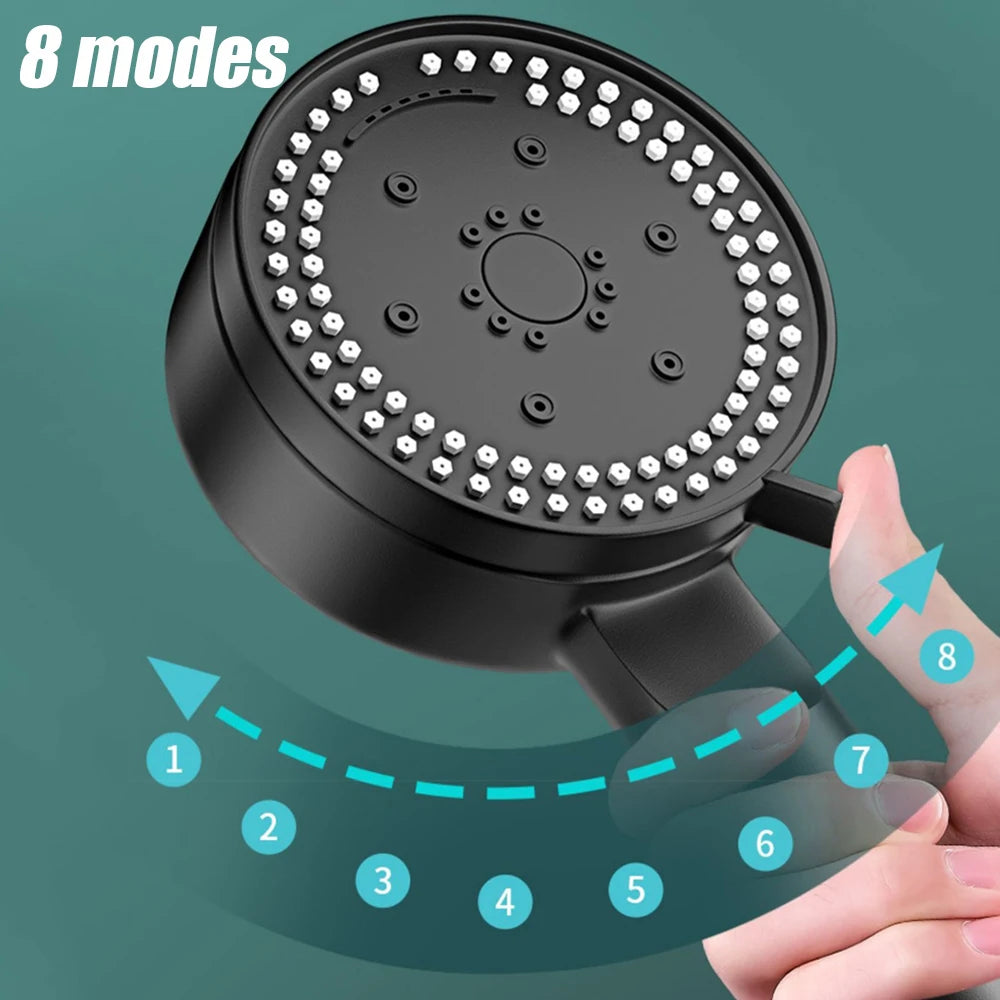 8 Modes High-Pressure Shower Head Fall Resistance Black Handheld Showerhead Water Saving Bathroom Shower Accessories