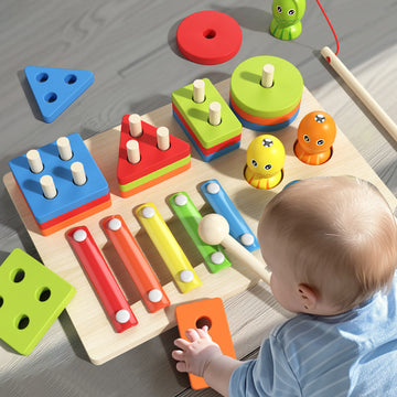 Wooden geometric shape set column for toddlers Montessori cognitive building blocks for early education ing educational percussion piano fishing toys