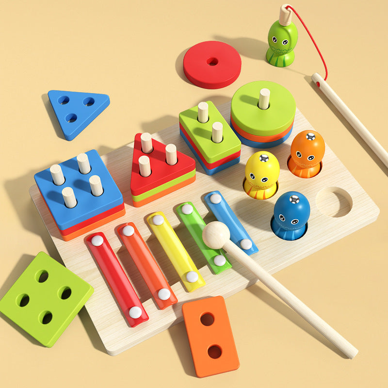 Wooden geometric shape set column for toddlers Montessori cognitive building blocks for early education ing educational percussion piano fishing toys